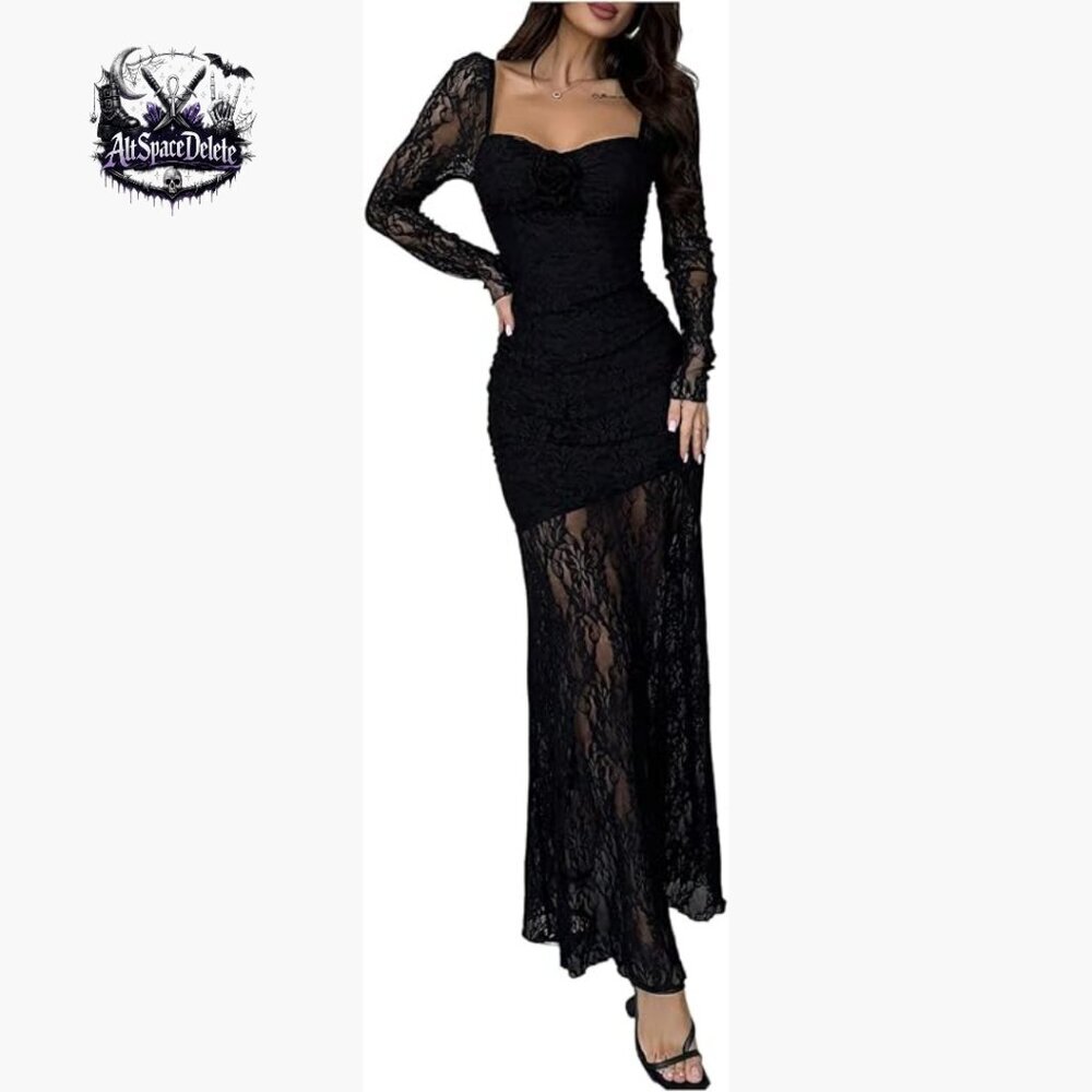 Long Sleeve Lace Maxi Dress Bodycon Formal Cocktail Party Gothic